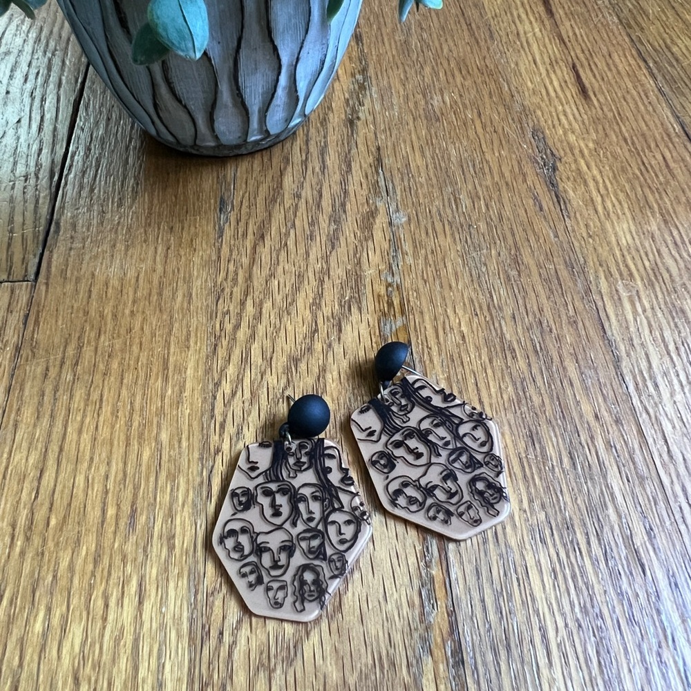 Hexagon Abstract Woman Face Pattern Earrings